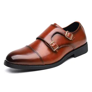 Classic brown leather double monk strap shoes with pointed toe and stylish buckles