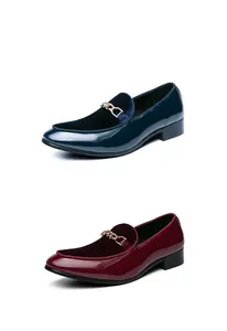 Comparison of navy and burgundy men's slip-on loafers with gold chain detail.