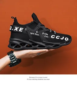 Close-up of black breathable blade running shoes for men with unique hollow sole design