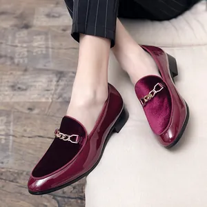Men's burgundy patent leather and velvet slip-on loafers with gold chain buckle