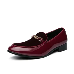 Elegant burgundy men's loafers with patent leather, velvet vamp, and gold chain detail