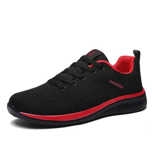 Breathable black and red men's mesh athletic running sneakers for casual sports activities