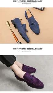 Mocasines de ante para hombre con borlas en azul y púrpura con diseño de punta fina