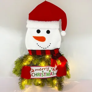Detail of festive snowman hanging decoration with warm LED lights and Merry Christmas banner