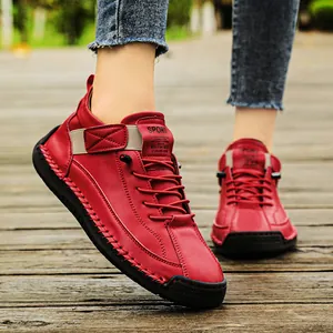 Comfortable red handmade stitched leather casual shoes with flexible rubber sole