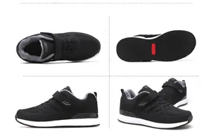 Multi-angle views of black fleece-lined walking shoes for elderly, non-slip sole