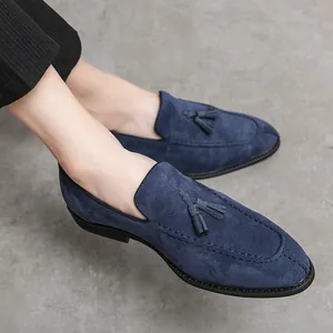 Mocasines de ante azul con borlas para hombre, zapatos casuales de punta