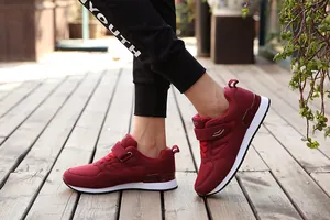 Maroon lightweight walking shoes for elderly with non-slip sole and velcro strap