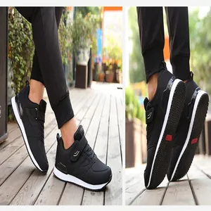 Detailed view of warm black walking shoes with non-slip soles for elderly comfort.
