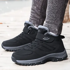 Warm black high-top winter boots with fleece lining and anti-slip sole for elderly