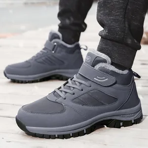 High-top men's winter outdoor walking shoes with warm faux fur lining and velcro strap