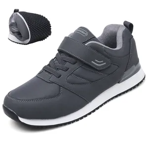 Warm grey elderly walking shoes with non-slip soles, fleece lining and velcro straps