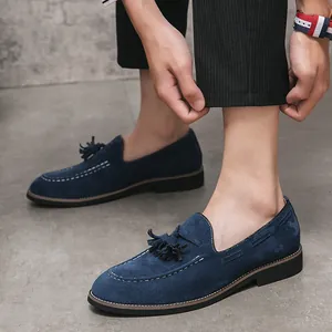 Mocassins à glands en daim bleu pour hommes, style chic décontracté et élégant