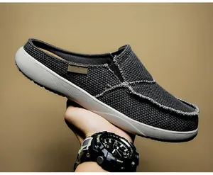 Close-up detail shot of men's grey canvas slip-on mule with textured breathable fabric