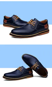 Macro detail of men's navy blue textured leather business casual shoes with tan laces