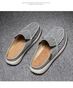 Men's casual grey canvas backless mules with breathable cork insole and thick white sole