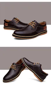 Close-up of brown men's business casual shoes showing the textured leather and lace-up details