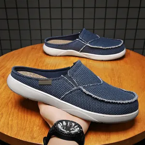 Men's breathable navy blue canvas mules slip-on casual half loafers for summer