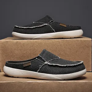 Men's casual breathable canvas mules with frayed edges and lightweight white soles