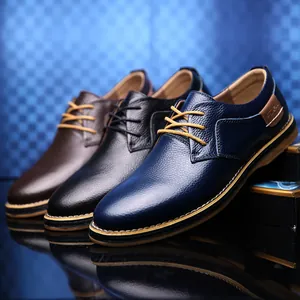 Business casual men's lace-up leather shoes available in navy blue, black and brown.