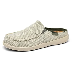 Men's breathable beige canvas mule slippers with comfortable cork insole for summer.