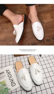 Detailed view of stylish white patent leather tassel loafers for men in a collage format