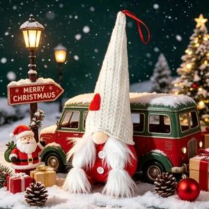Close-up of a white knitted hat Christmas gnome doll in a snowy festive scene