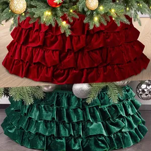 Jupe Col de Sapin de Noël Pliable Carreaux Tricot Velours Fausse Fourrure Housse de Base Décoration de Fête de Maison