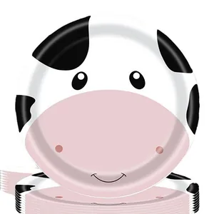 Cute cow face cartoon disposable paper plates for farm themed kids birthday party decor