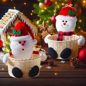 Christmas Candy Basket Woven Plastic Desktop Decoration Santa Snowman Plush Gift Storage Basket For Holiday Home Office Table Decor