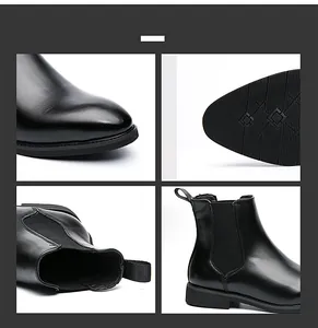 Comprehensive detail shots of men's black leather Chelsea boots with durable non-slip sole