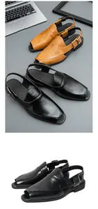 Detalle de sandalias de cuero transpirables para hombre en negro y marrón
