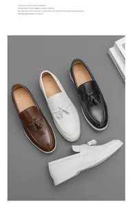 Vue détaillée de mocassins à glands pour hommes en cuir marron, blanc et noir élégant.
