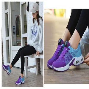 Dettaglio scarpe da corsa da donna traspiranti in mesh con cuscino d'aria viola e blu