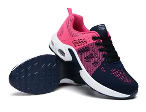 Scarpe da corsa Flyknit rosa e blu navy da donna con comodo ammortizzatore ad aria