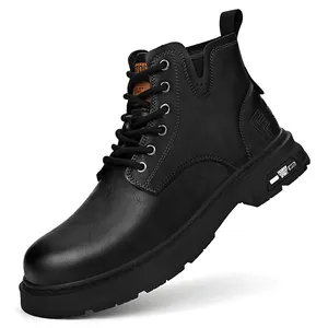 Black genuine leather Martin boots with thick sole and high-top work boot design