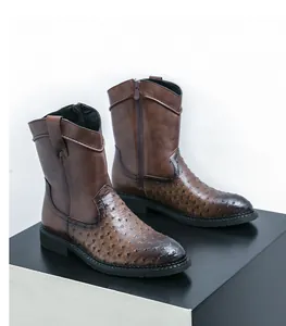 Detail view of brown men's western boots with ostrich skin texture and side zipper.