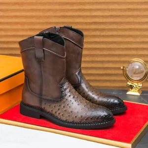 Men's Retro Western Cowboy Boots Ostrich Pattern Embossed PU Leather Pointed Toe Side Zip Knight Boots Large Size