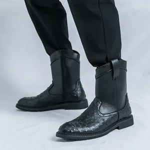 Men's stylish black mid-calf boots featuring ostrich pattern leather and side zipper