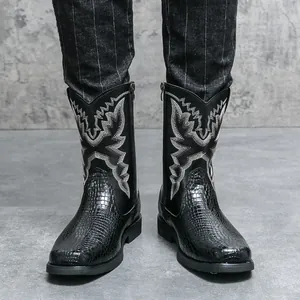 Klassieke zwarte heren Western cowboylaarzen met borduursels en krokodillenprint