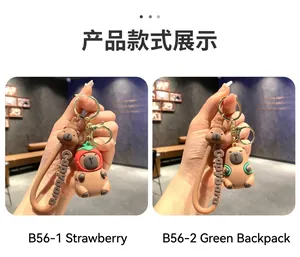 Close-up of Capybara keychain charms in cute strawberry and backpack variants held in hand
