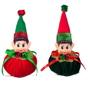 Set of two plush Christmas elf desktop ornaments in festive red and green colors