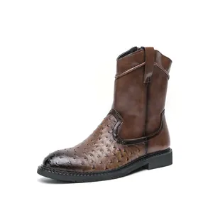 Retro brown men's cowboy boots featuring unique ostrich skin texture and pointed toe style