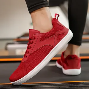 Breathable red wide-toe mesh sneakers for men and women, walking fitness shoes
