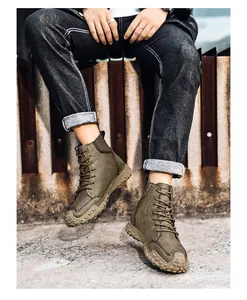 Outdoor scene view of trendy green high-top men's casual boots on model
