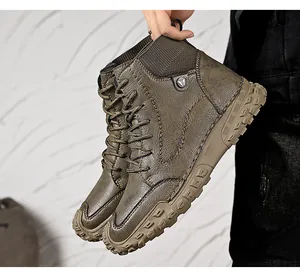Rugged high-top men's casual leather boots with textured anti-slip rubber soles.