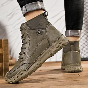 Stylish army green high-top men's casual boots featuring durable thick rubber soles