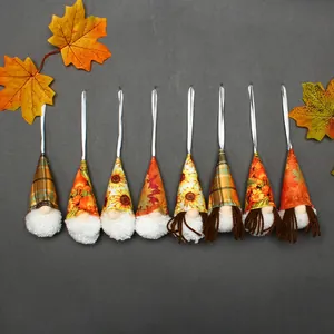 Set of 8 autumn harvest gnome hanging ornaments with sunflower and leaf patterns for decor