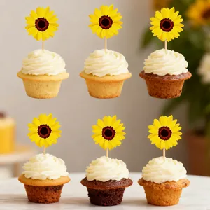Set di topper per cupcake girasole, stecchini floreali decorativi per festa dolce.