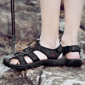Men's black closed-toe leather sandals with anti-slip soft sole for outdoor hiking